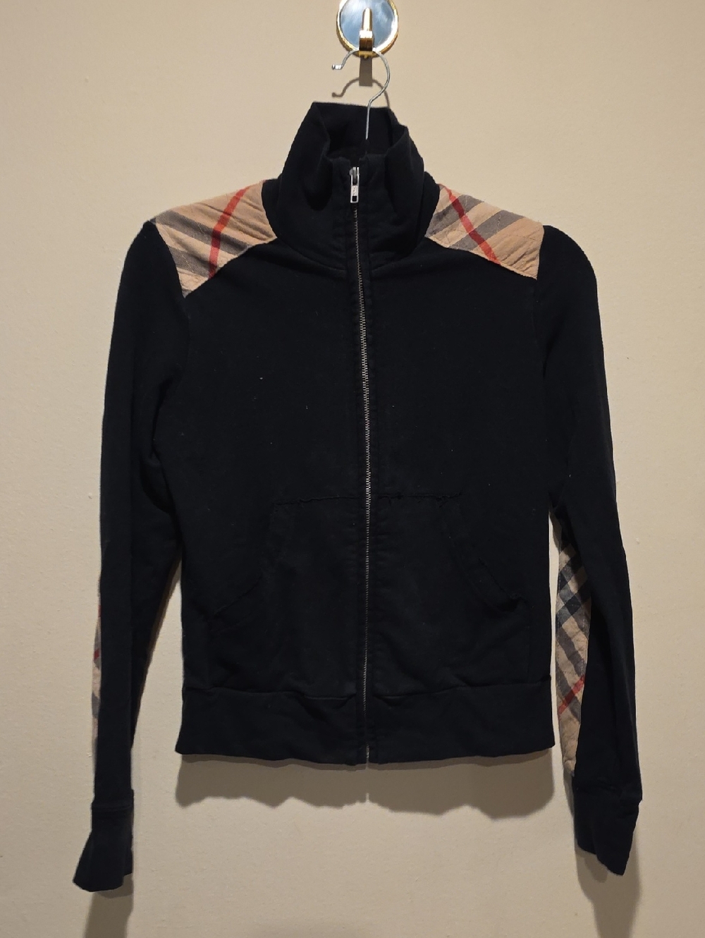 Burberry Black Zip-Up Jacket with Beige Plaid Accents Size Medium
